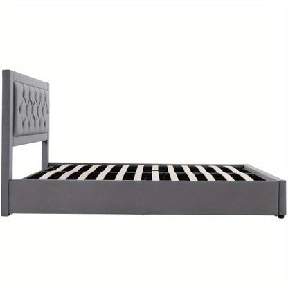 Tweepersoonsbed Chesterfield – Bed – Slaapbank – Logeerbed – Opbergbed – Grijs Velvet – Stalen Frame – Foam Hoofdbord – Opbergruimte Met Lifthendels 140x200 cm