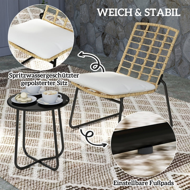 3-delige Rattan Tuinset – Balkonset – Loungeset – Buitenmeubels – Tuinmeubelen – Weerbestendig Rattan – Inklapbare Stapelstoelen – Beige