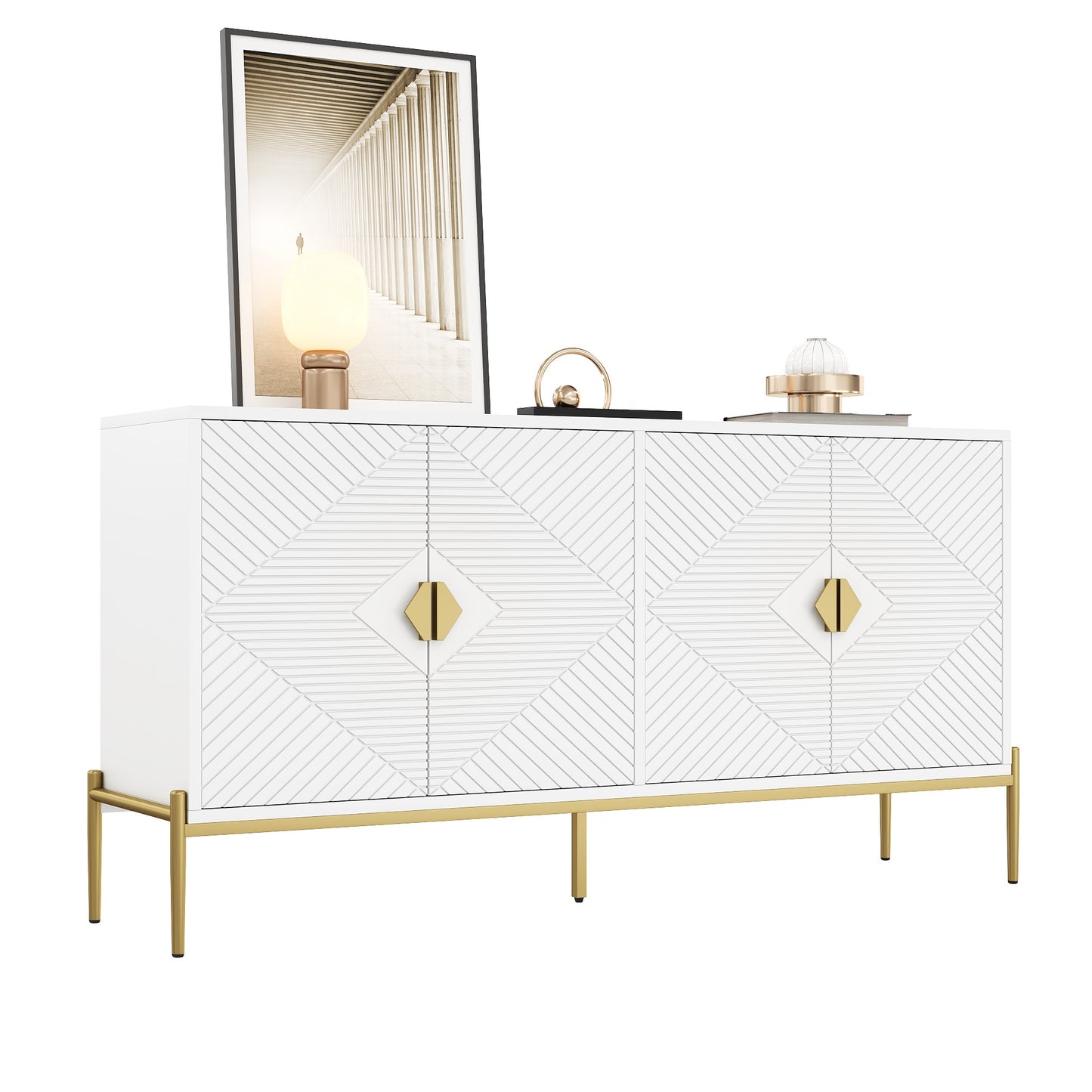 Sideboard – Opbergkast – Dressoir – Buffetkast – Woonkamerkast – Wit Modern Design – 4 Deuren Met Verstelbare Legplanken – Gouden Metalen Poten – 162x40x80 cm