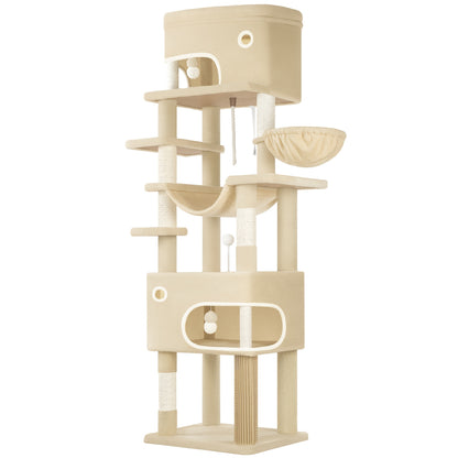 Kattenboom – Krabpaal – Klimpaal – Kattenhuis – Kattenmeubel – Beige Kleur – 203 cm Hoog – 7 Sisal Krabpalen & 2 Ruime Holletjes