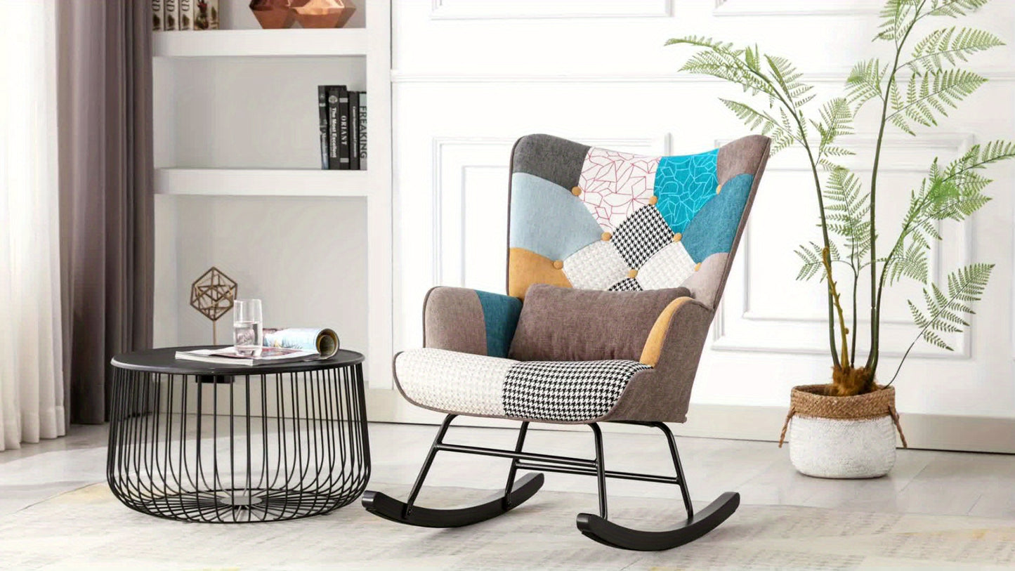 Schommelstoel – Schommelstoel Lounge – Fauteuil – Relaxstoel – Woonkamerstoel – Patchwork Stof – Met Metalen Frame En Houten Basis