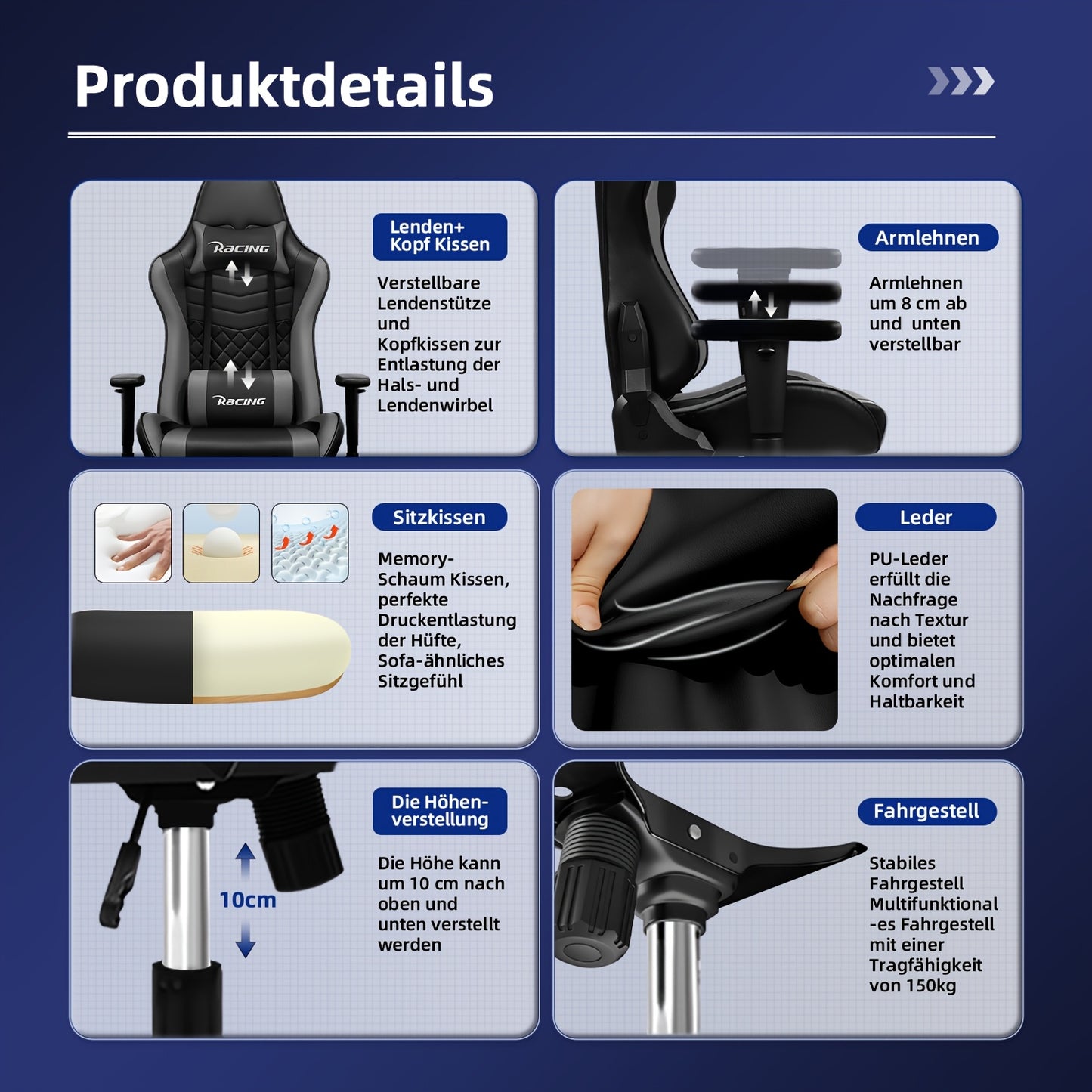 Gaming Stoel – Gaming Chair – Gaming Fauteuil – Gamestoel – Ergonomische Gamestoel – Verstelbare Lendensteun & Hoofdsteun – Rugleuning Kantelbaar Tot 170°
