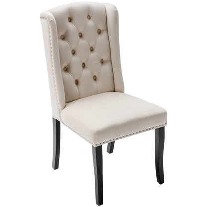 Fluwelen Eetkamerstoel – Stoel, Fauteuil, Zithoekstoel, Lounge stoel – Beige Velvet – Set van 2 – Massief Eiken Poten – Chroom Ring en Nietenrand