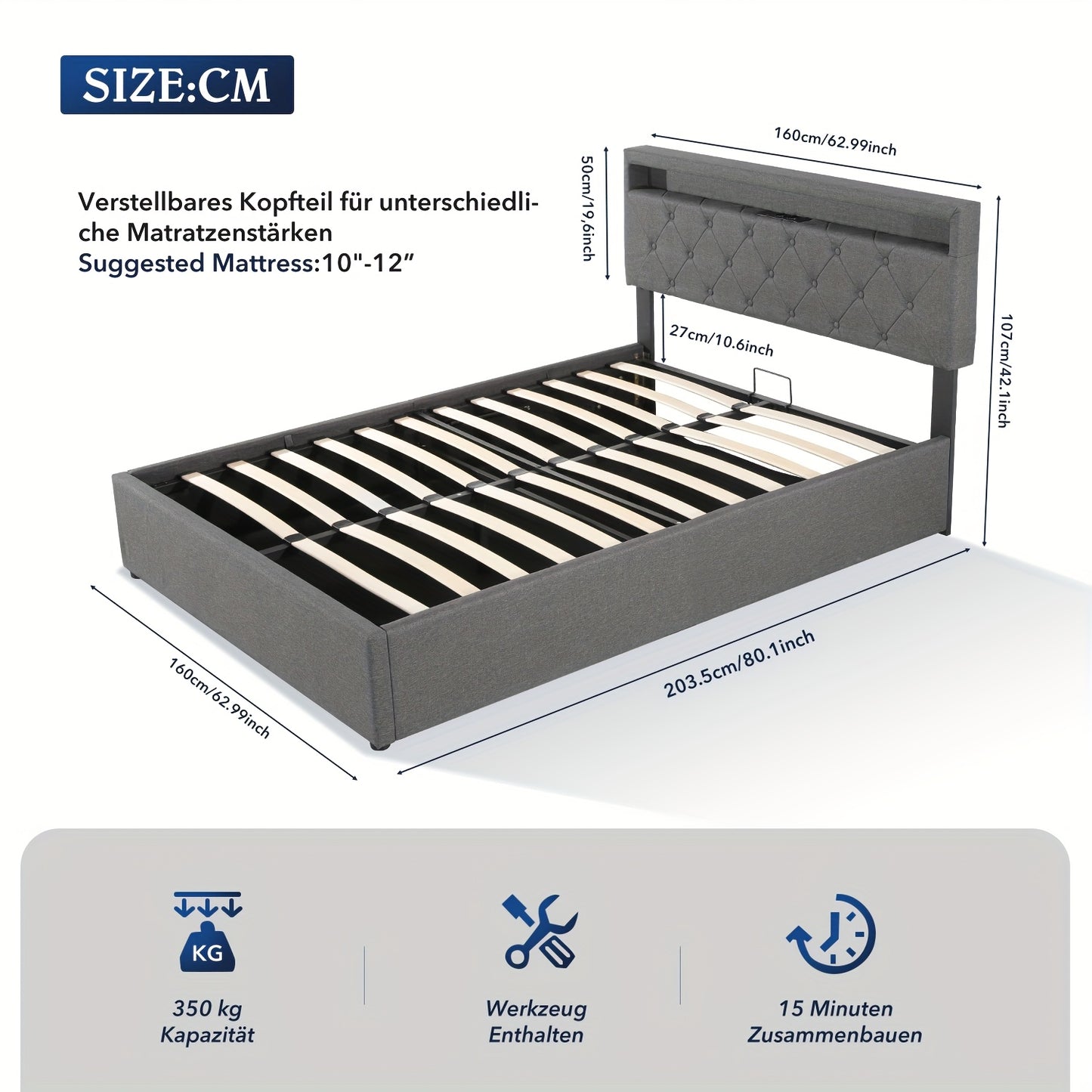 Bed – Tweepersoonsbed – Slaapbank – Ledikant – Boxspring – 160x200 cm – Hydraulische Opbergruimte – Hoofdbord Met LED-Verlichting En Oplaadstation
