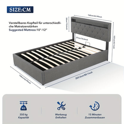 Bed – Tweepersoonsbed – Slaapbank – Ledikant – Boxspring – 160x200 cm – Hydraulische Opbergruimte – Hoofdbord Met LED-Verlichting En Oplaadstation