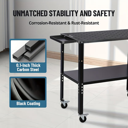Heavy-Duty Steel Welding Table with 5/8" Holes & Fixture System - Industrial Workbench with Locking Casters, 68.04 KG Capacity, Adjustable Height, 36"x18" Large Work Surface, Sturdy Welding Cart for Workshop, Factory - No Pow