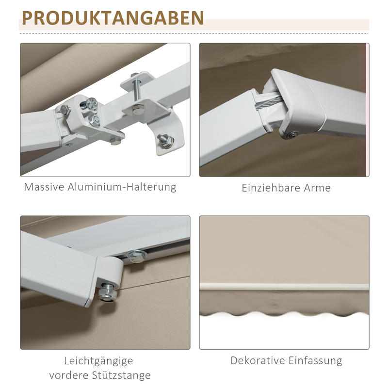 Uitschuifbare Zonwering – Terrasoverkapping – Buitenluifel – Zonnescherm – Balkonzonwering – Met Handcrank – Stevig Metaalframe – Polyester Doek – 3,95 x 2,45 m – Weerbestendig & Compact Designs