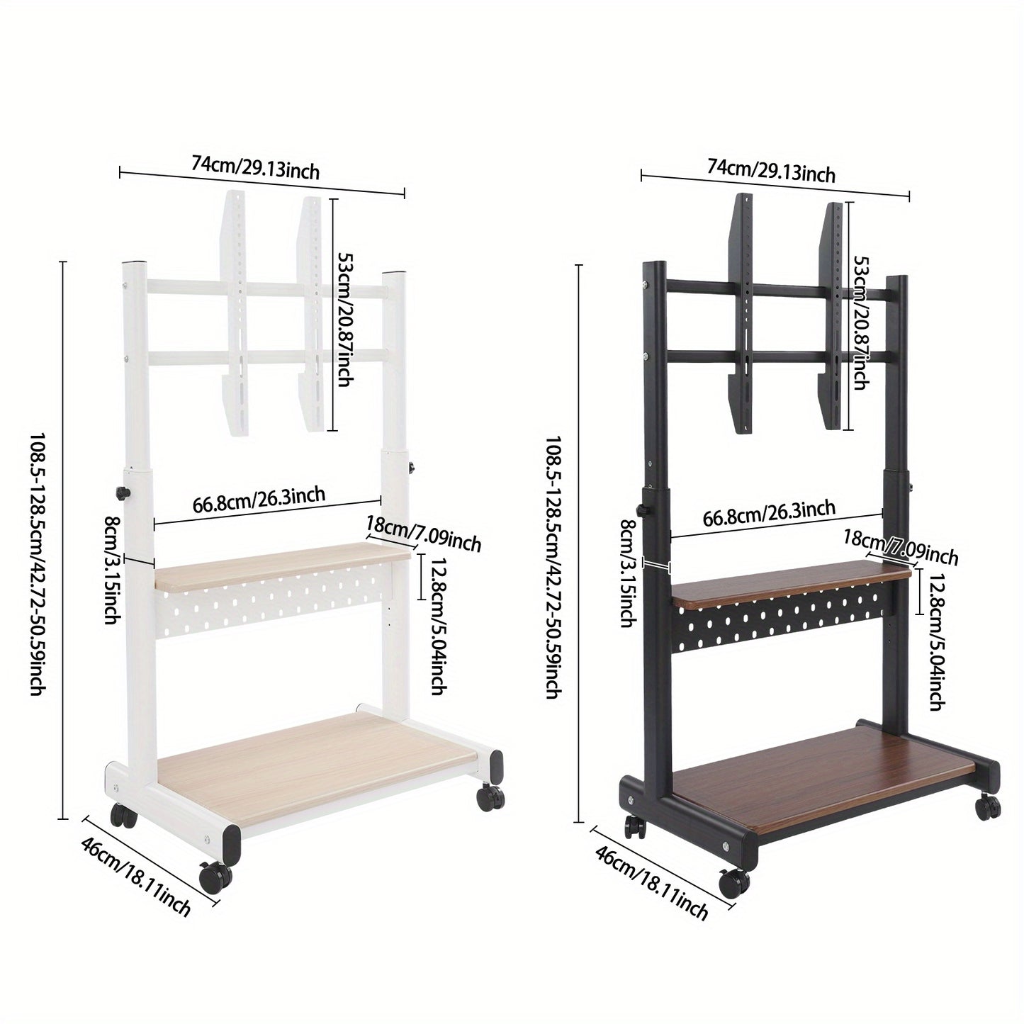 Verstelbare TV-standaard – TV-meubel – TV-houder – TV-onderstel – TV-rack – Zwenkwielen – Verstelbare Hoogte 108,5-128,5 cm – Zwart
