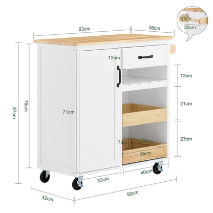 Keukentrolley – Serveerwagen – Opbergrek – Bijzettafel – Keukenwagen – Rubberen Houten Werkblad – Vier Wielen Met Rem – Compact 92x42x87 cm