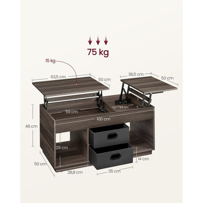 Verstelbare Salontafel – Woonkamertafel – Koffietafel – Bijzettafel – Tafel Met Opbergruimte – Asbruin – Hoogte Verstelbaar – MDF Met 2 Lades