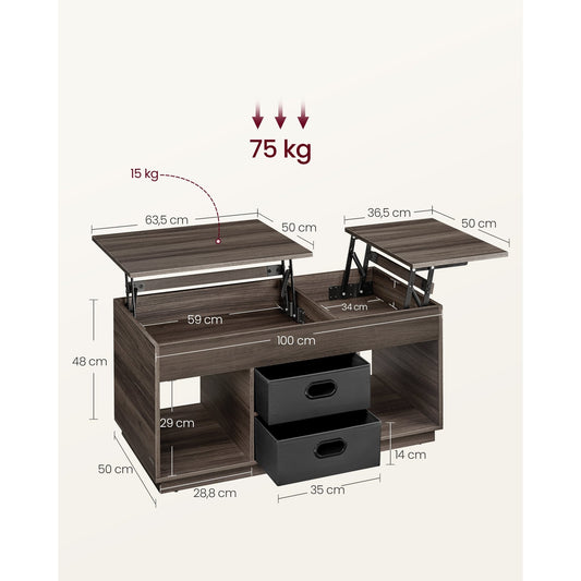 Verstelbare Salontafel – Woonkamertafel – Koffietafel – Bijzettafel – Tafel Met Opbergruimte – Asbruin – Hoogte Verstelbaar – MDF Met 2 Lades