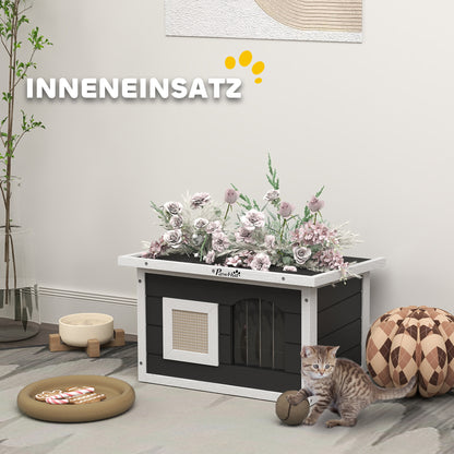 Kattenhuis – Huisdierhuisje – Houten Kattenhut – Knus Dierenverblijf – Krabpaal Mat – Grijs – Waterafstotend Grenenhout – Inclusief Deurflap en Krabmat