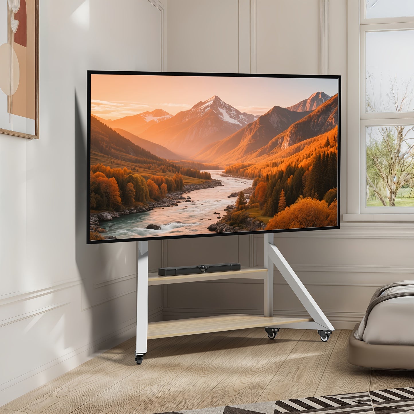 Mobiele Tv-Stand – Tv Meubel Met Wielen – Verplaatsbare Tv-Standard – Platte Scherm Houder – Verrijdbare Tv-Kaart – Voor 65-100 Inch – Verstelbare Hoogte – Stabiel Metaal Frame