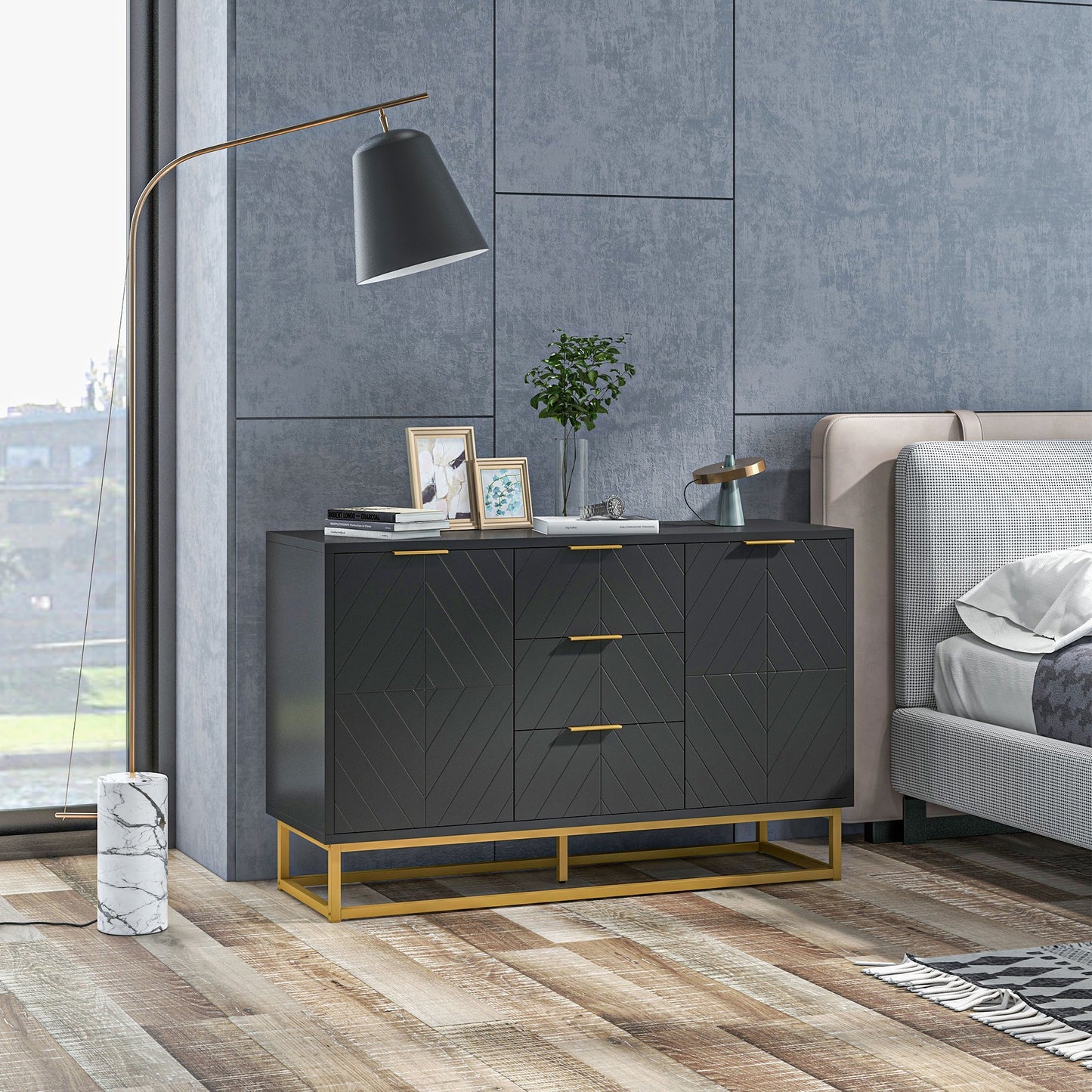 Buffet – Dressoir – Kast – Opbergmeubel – Sideboard – Zwart – Gouden Metalen Accenten – Veelzijdige Opbergruimte Met Verstelbare Planken – Compact Formaat 120x40x76 cm