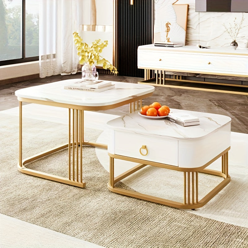 Salontafel Set – Koffietafel – Bijzettafel – Opbergtafel – Nesting Tafel – Hoogglans Wit Met Gouden Accenten – Uitklapbaar Design Met Lades