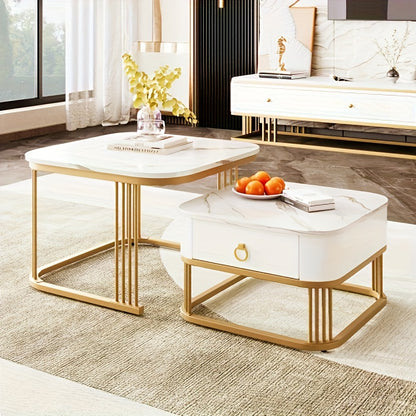 Salontafel Set – Koffietafel – Bijzettafel – Opbergtafel – Nesting Tafel – Hoogglans Wit Met Gouden Accenten – Uitklapbaar Design Met Lades