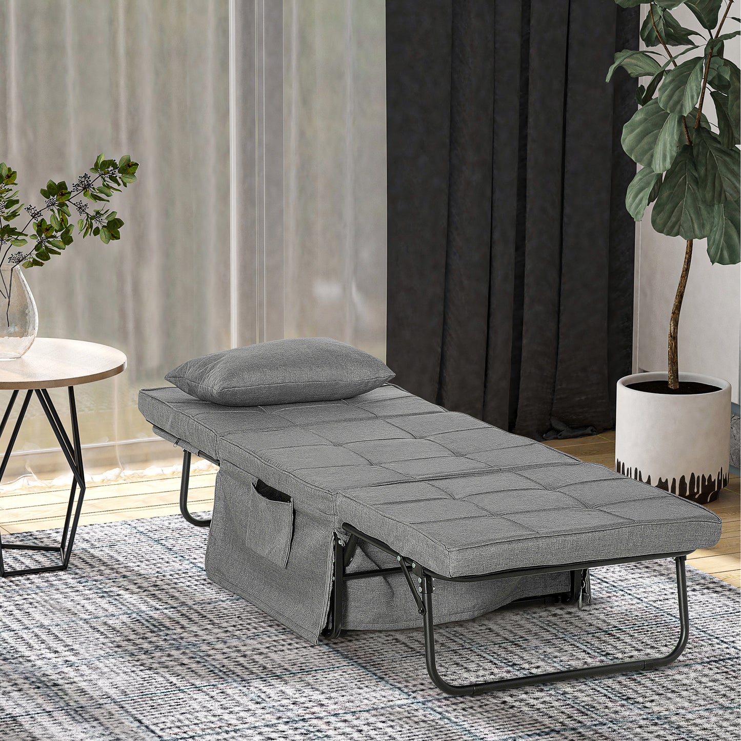 Fauteuil – Relaxstoel – Zitslaapbank – Poef – Grijs Linnenstof – 4-in-1 Multifunctioneel – Verstelbare Rugleuning 5 Standen
