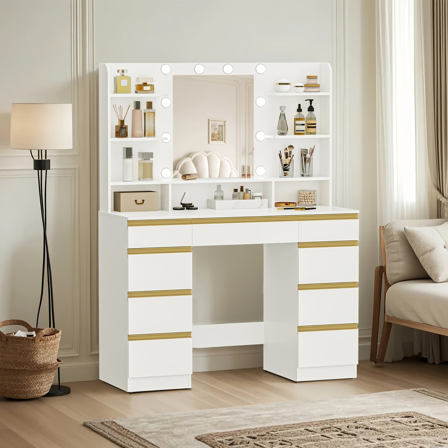 Dressing Table, 3 Colors, Adjustable Brightness, Large HD Mirror, 1 Large Drawer And 8 Small Drawer Cabinets, 9 Open Shelves, White