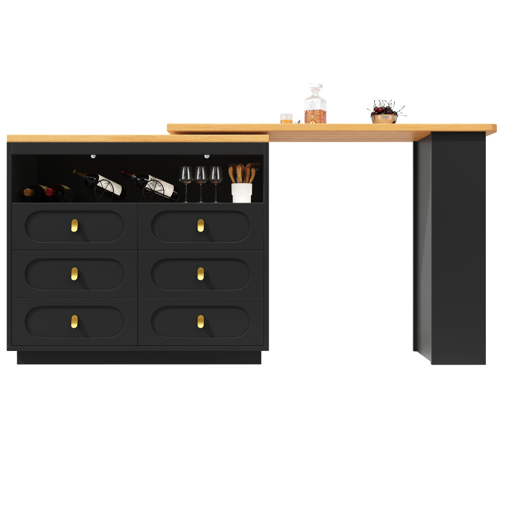 Extendable Bar Table with 360° Rotating Base & Storage Shelf - Heavy-Duty Metal Modern Black Adjustable Length 138-203cm (55"-80") - Space-Saving Expandable Kitchen Island, Home Office Desk, Dining Table for Small Spaces - E