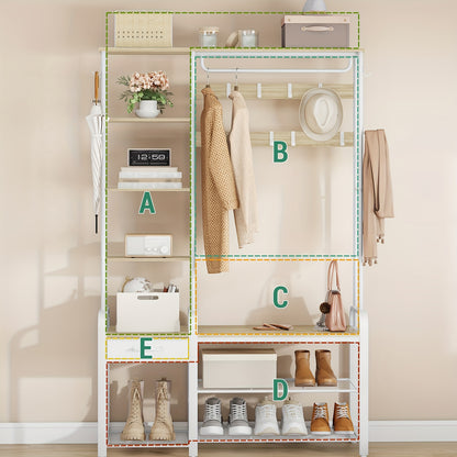 Coat Rack with Bench, Wardrobe with 3-tier Shoe Bench And 1 Drawer, 5-in-1 Clothes Rack with 17 Hooks, 1 Hanging Rod, 4-tier Side Shelves, Golden Oak-white, Coat And Hat Rack, Clothes Hanging Rack, Clothes Rack with Mirror, C