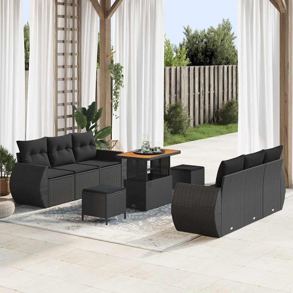Tuinbank – Buitenbank – Loungeset – Tuinmeubel – Balkonbank – 5-zits – Handgevlochten Zwarte Rattan – Weerbestendige Kussens - Zwart