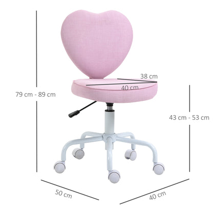 Bureaustoel – Kinderstoel – Draaistoel – Bureau Stoel – Meisjesstoel – Roze Hartvormige Rugleuning – Verstelbare Hoogte 79-89 cm – Ademende Linnen Bekleding