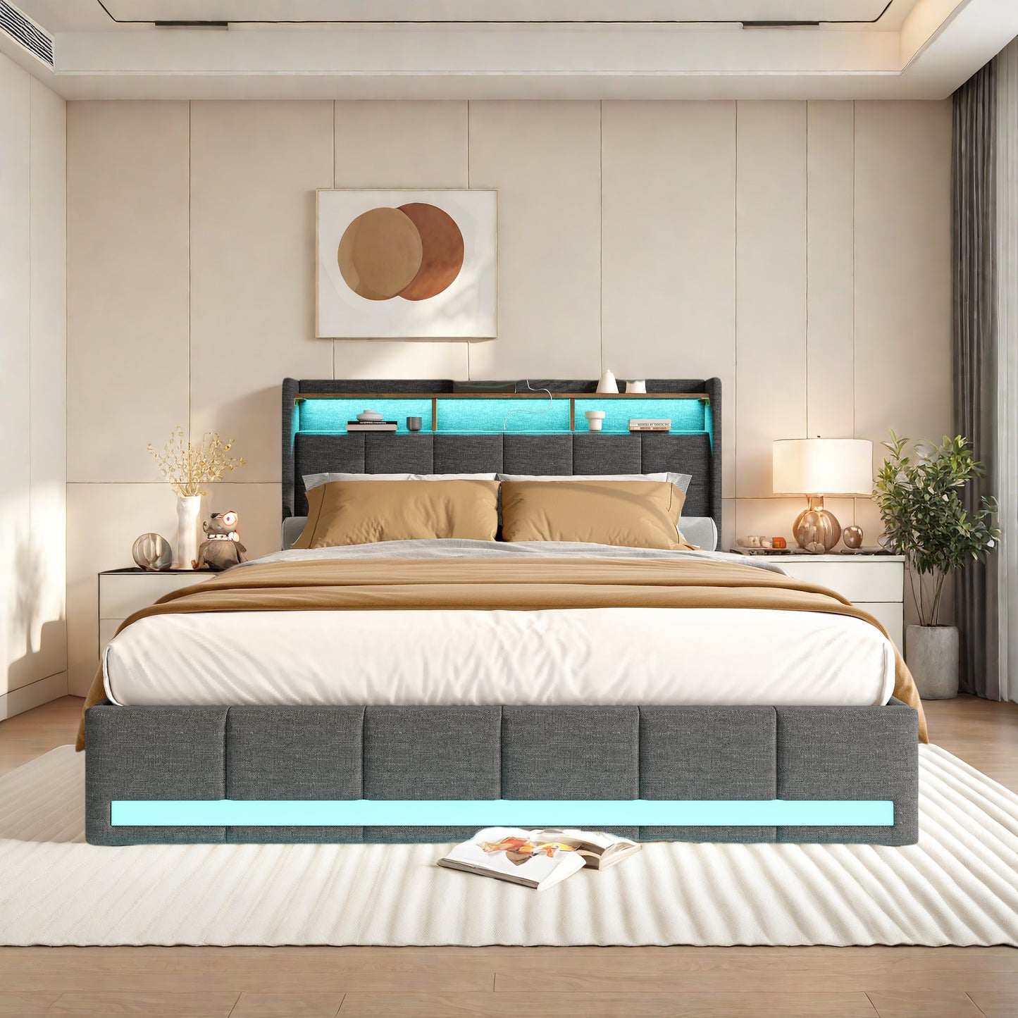Tweepersoonsbed – Bedframe – Opbergbed – Bed Met Lades – Led Bed – 160x200 cm – Linnen Bekleding – Usb Oplaadpoort