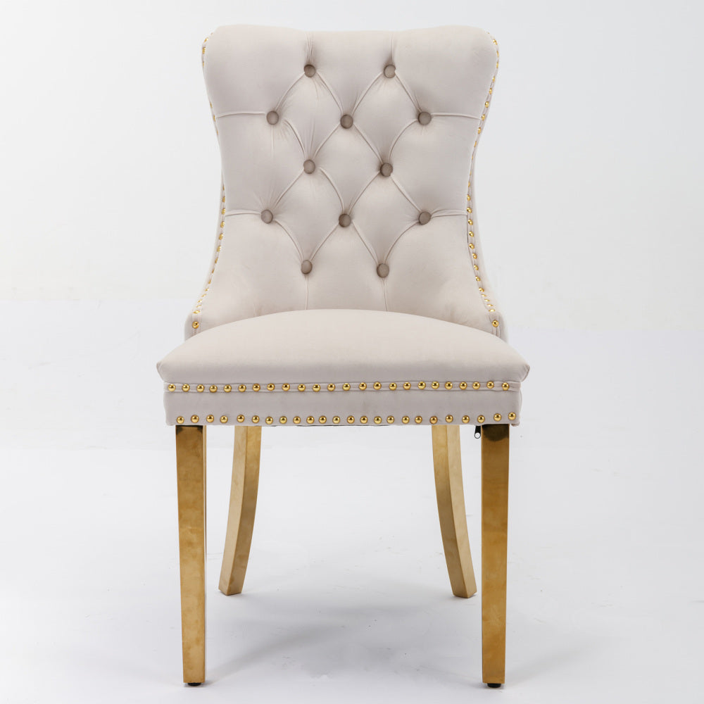 Eetkamerstoel – Stoel – Kuipstoel – Keukenstoel – Bistrostoel – Beige Bekleding – Massief Houten Frame – Luxe Design Met Gouden RVS Poten – Zacht Gewatteerd Zitvlak – Set Van 2