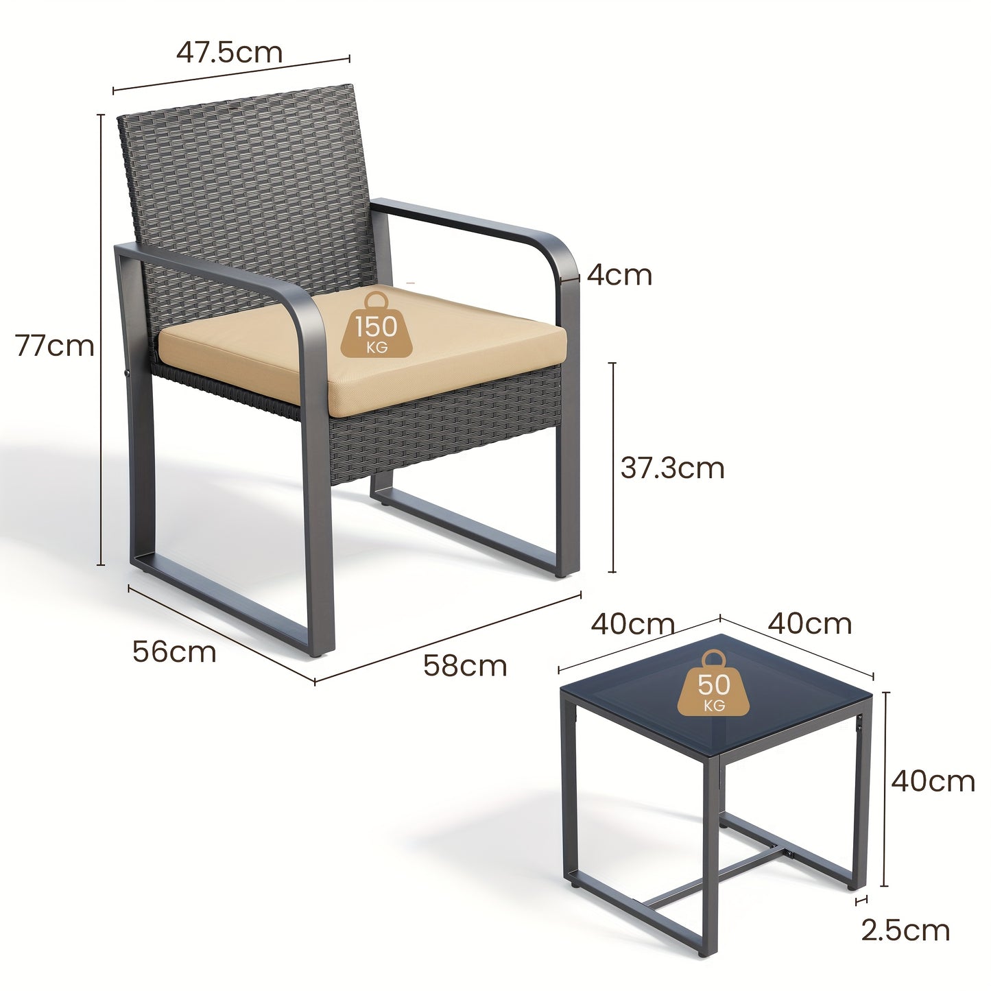 Tuinset – Balkonset – Bistroset – Loungeset – Polyriet – 3-delig – Weerbestendig Rattan – Glazen Tafelblad