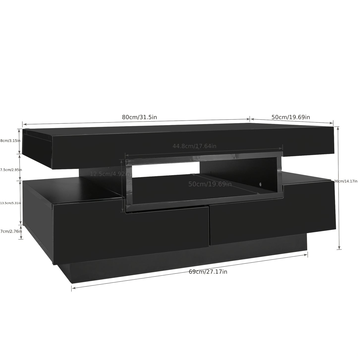 Modern White High-Gloss Coffee Table with Four Front & Back Drawers for Ample Storage, Sleek Two-Tier Design, Perfect for Contemporary Living Rooms, Coffee Table for Living Room