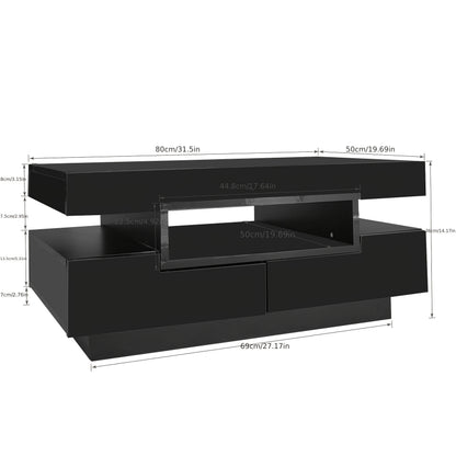 Modern White High-Gloss Coffee Table with Four Front & Back Drawers for Ample Storage, Sleek Two-Tier Design, Perfect for Contemporary Living Rooms, Coffee Table for Living Room