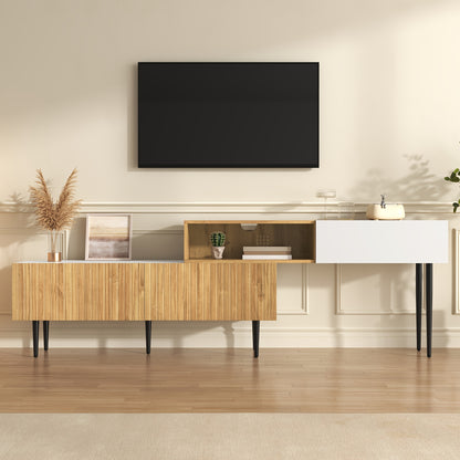 TV Meubel – TV Kast – TV Meubelkast – Lowboard – Mediameubel – Verstelbare Lengte – Modulaire Twee-delige Ontwerp – Zwarte Metalen Poten – Warme Bruine Afwerking