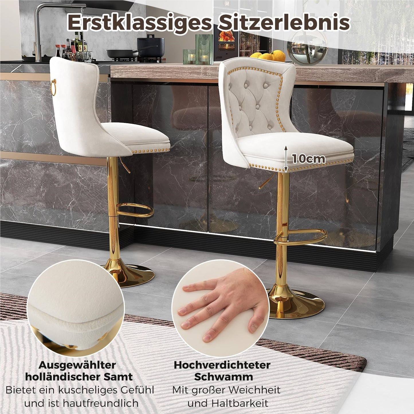 Barstoel – Barkruk – Keukenkruk – Stoel Met Rugleuning – Draaiende Kruk – Verstelbare Zithoogte 67-87 cm – Luxe Beige Fluwelen Bekleding