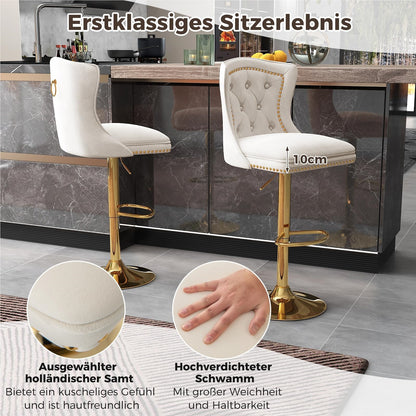 Barstoel – Barkruk – Keukenkruk – Stoel Met Rugleuning – Draaiende Kruk – Verstelbare Zithoogte 67-87 cm – Luxe Beige Fluwelen Bekleding