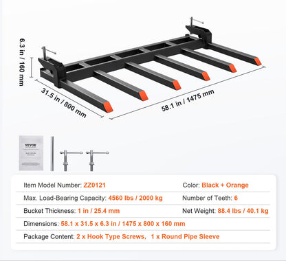 Debris Forks – Vorken – Palletvorken – Laadbak Vorken – Houtvorken – 60 Inch Breed – 2070 Kg Draagkracht – Anti-Roest Staal