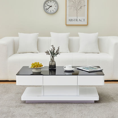 Salontafel – Koffietafel – Bijzettafel – Woonkamertafel – Sidetable – Hoogglans Zwart – 8 mm Gehard Glas – 2 Opberglades