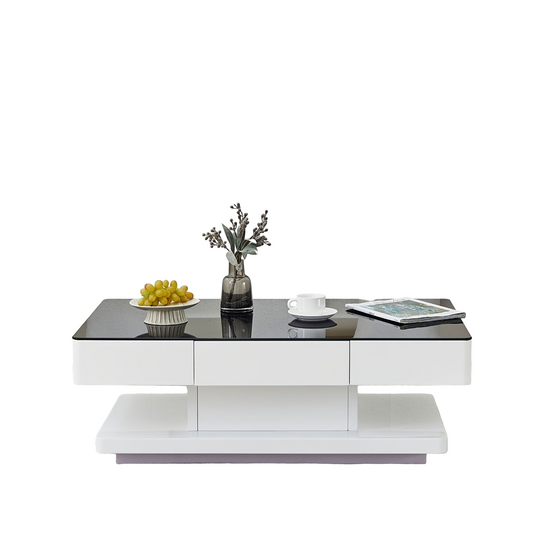Salontafel – Koffietafel – Bijzettafel – Woonkamertafel – Sidetable – Hoogglans Zwart – 8 mm Gehard Glas – 2 Opberglades