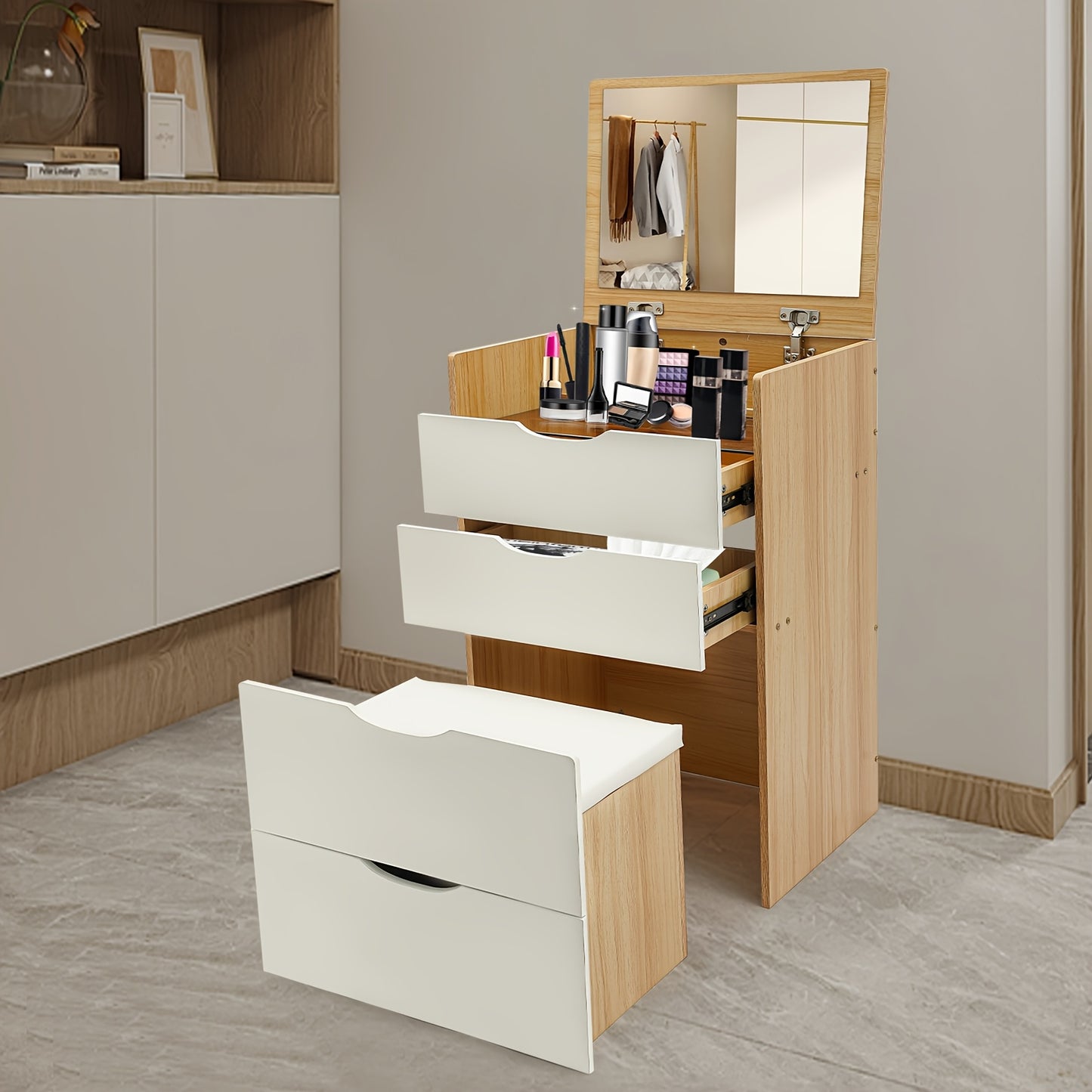 Kaptafel – Make-up Tafel – Cosmeticatafel – Opmaaktafel – Vanity Set – Kantelbare Spiegel – Verborgen Krukje – 3 Lades – MDF – Compact Design – Wit
