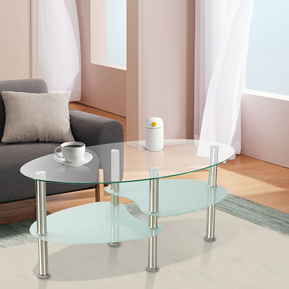 Salontafel – Koffietafel – Bijzettafel – Woonkamertafel – Tafel – Modern – Gehard Glas – Ovaal – Met Metalen Poten – 2 Opbergniveaus – 90x50x43 cm