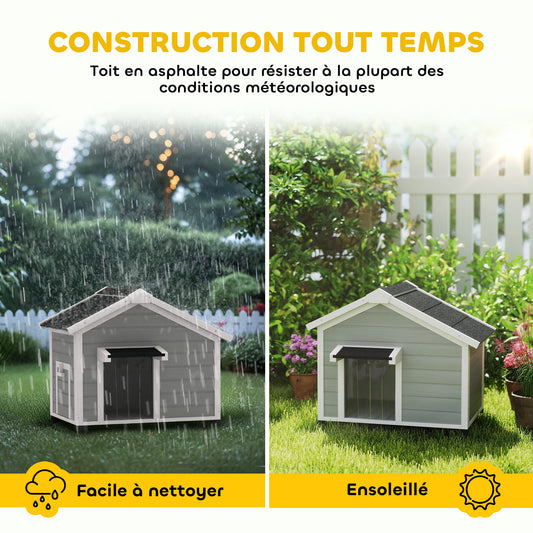 Hondenhok – Buitenhok – Hondenschuur – Dierenhuis – Hondenhuisje – Lichtgrijs – Houten Constructie – Open Dak Met Verwijderbare Vloer