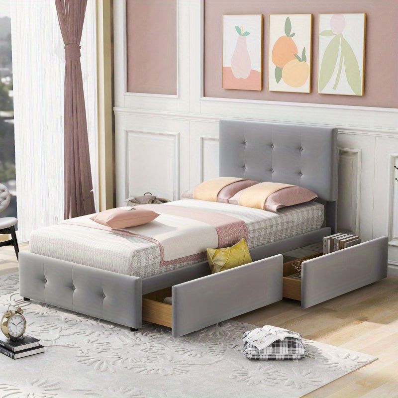 Eenpersoonsbed – Eenpersoonsbedden – Kinderbed – Opbergbed – Logeerbed – Verstelbaar Hoofdsteun – 2 Opberglades – Licht Beige Velours – Lattenbodem – Geen Montage