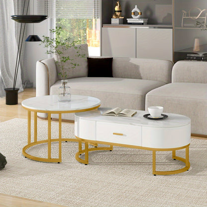 Salontafel – Bijzettafel – Koffietafel – Tafeltje – Nesting tafel – Set van 2 – Metalen Gouden Frame – Wit Tafelblad – Modern Design