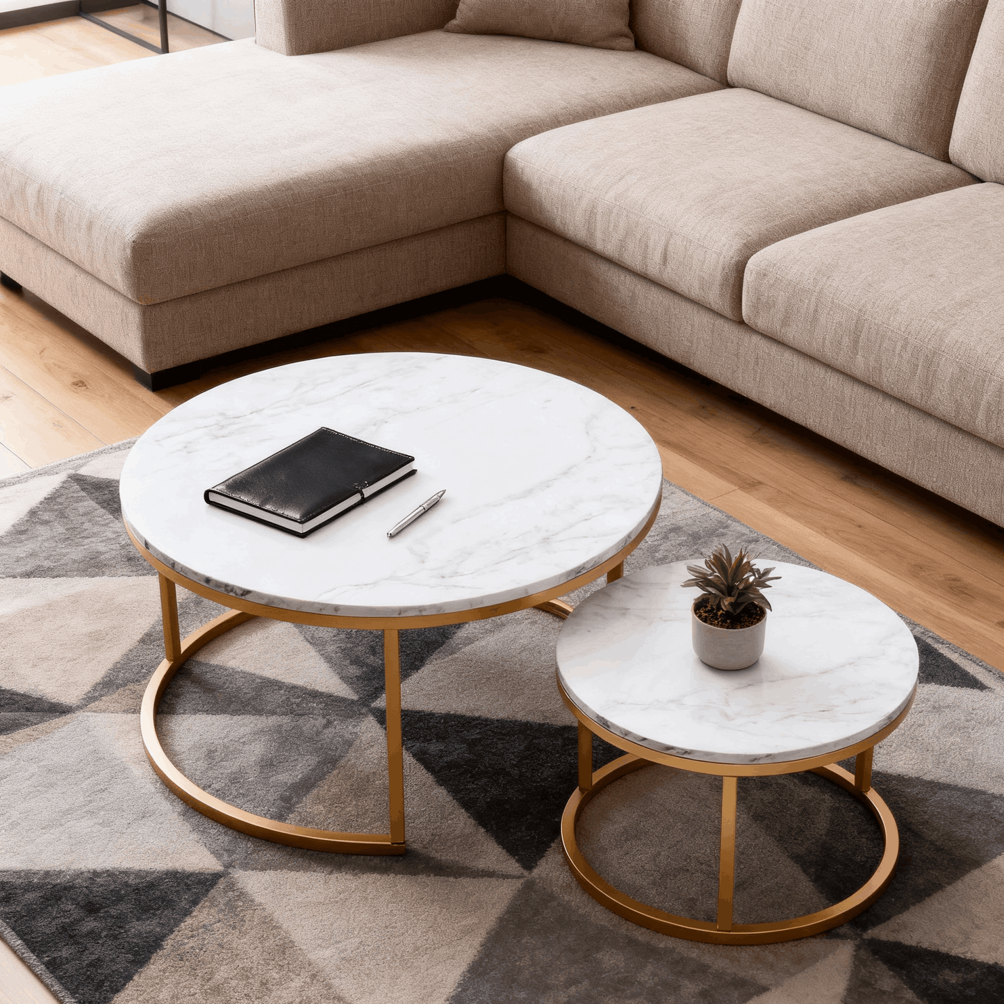 Ronde Salontafel Set – Bijzettafel – Koffietafel – Woonkamer Tafel – Houten Tafelblad – Compact Design – Metaal en Hout – Eenvoudig Zelf Samenstellen