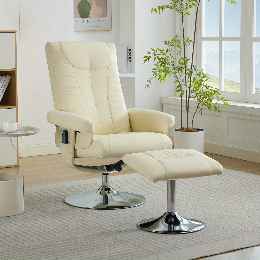 Modern Recliner Chair with 5-Point Massage, 360° Swivel & Footstool - Ergonomic Design, Beige PU Fabric, Adjustable Height, No Power Needed, Easy Assembly for Living Room, Office, or Home Theater, Office Relaxation, Contempo