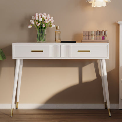 Modern White Vanity Table with 2 Drawers & Metal Legs - 68.58cm Height, 254.0cm Width, 101.6cm Depth, 3, 2 Cu Ft Storage, Easy Assembly, No Mirror Included, Perfect for Bedroom or Bathroom, Vanity Desk, Sleek Design, Sturdy C