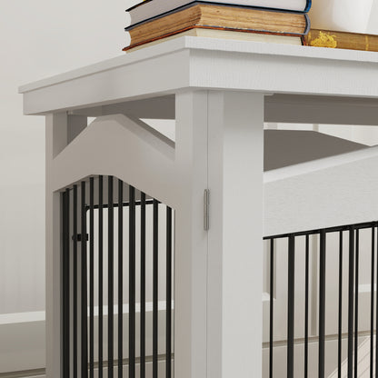 Hondenbench – Hondenkooi – Kennel – Hondenpark – Bijzettafel – 3-in-1 Multifunctioneel – Wit MDF & Metaal – Voor Middelgrote Honden 82,5x57,5x59,5 cm