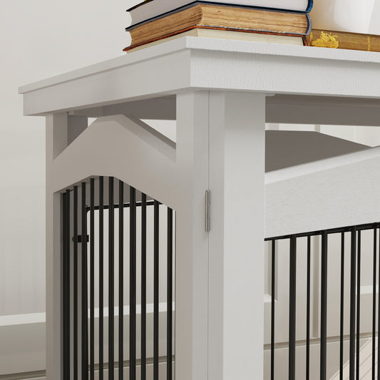 Hondenbench – Hondenkooi – Kennel – Hondenpark – Bijzettafel – 3-in-1 Multifunctioneel – Wit MDF & Metaal – Voor Middelgrote Honden 82,5x57,5x59,5 cm