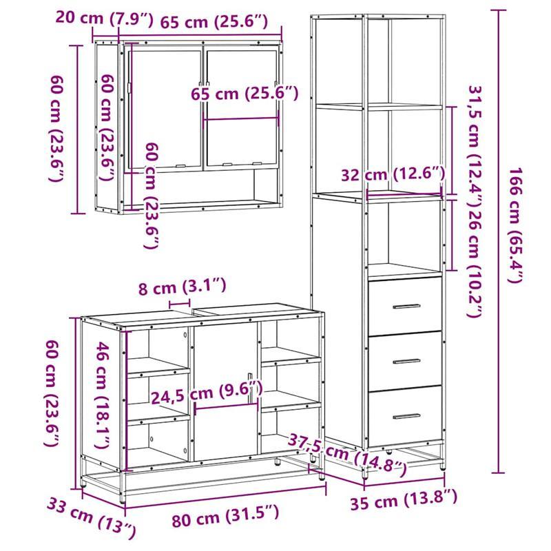 badkamermeubelset – badmeubelset – wastafelmeubel – badkamerkast – spiegelkast – bruin eikenlook – 3-delige set – hardhout & glas