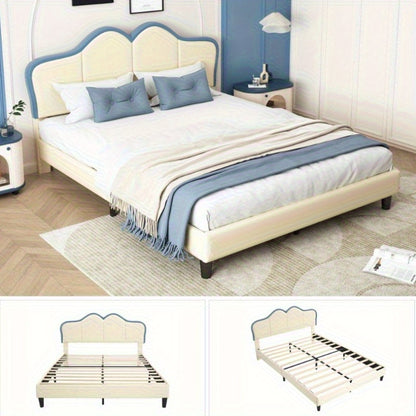 Bedframe – Bedombouw – Bedbodem – Ledikant – Slaapbank – Gevoerd Frame – Veiligheidsranden – 140x200 cm – PU Kunstleer – Wit Blauw