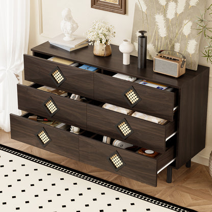 Ladekast – Ladenkast – Kommode – Dressoir – Opbergkast – 6 Lades – Rieten Details – Metalen Poten – MDF & Spaanplaat – Houtkleurig met Zwarte en Gouden Accenten